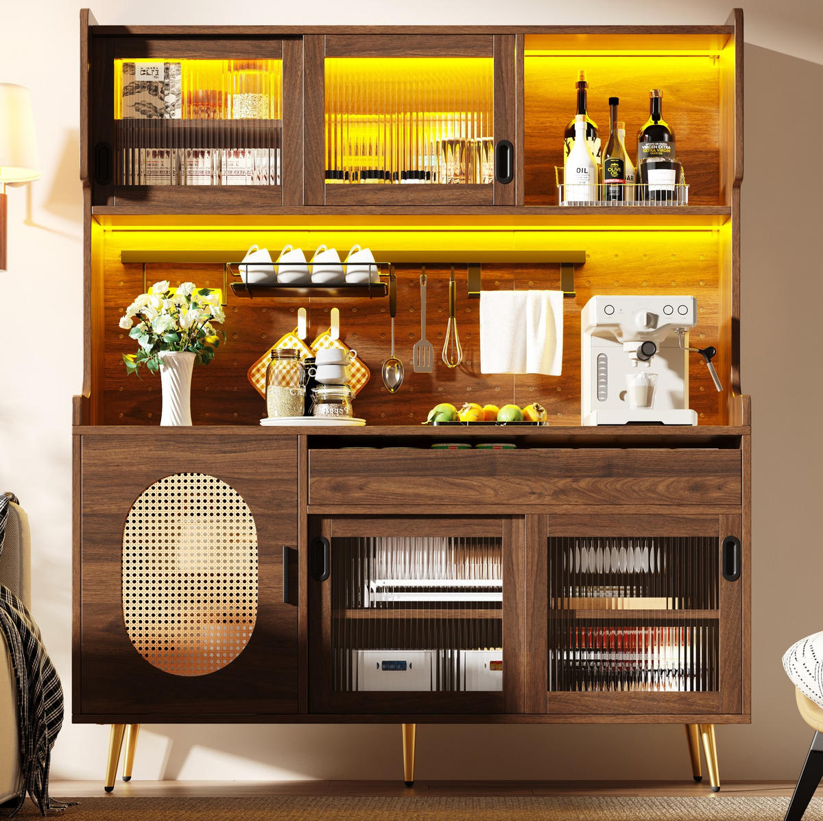 BUFFETSCHRANK mit LED-Lichtleiste 145 x 39 x 171 cm MDF Braun - Braun, Holzwerkstoff (39/171/145cm) - Meubliv