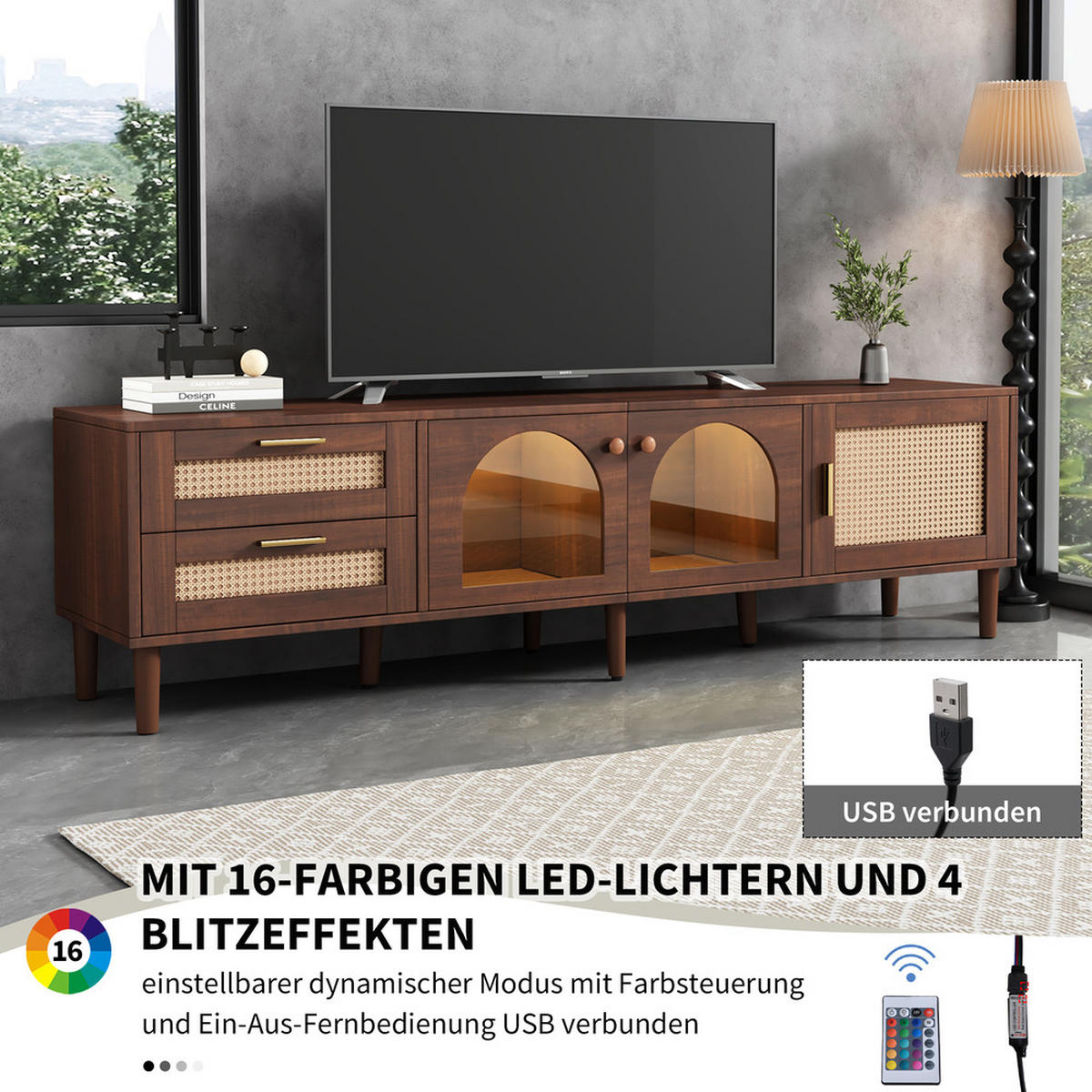 TV-SCHRANK 180cm Braun Rattan Glastüren LED-Beleuchtung bis 80 Zoll - Braun, Holz (40/50/180cm) - FLIEKS