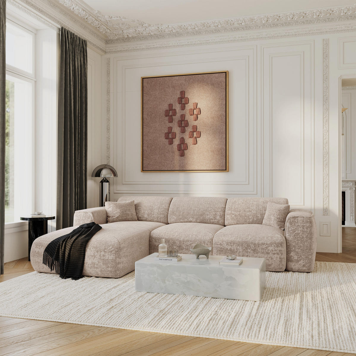 ECKSCHLAFSOFA Geprägter Samt Beige 283cm - Beige, Textil (283/180cm) - Sia Home