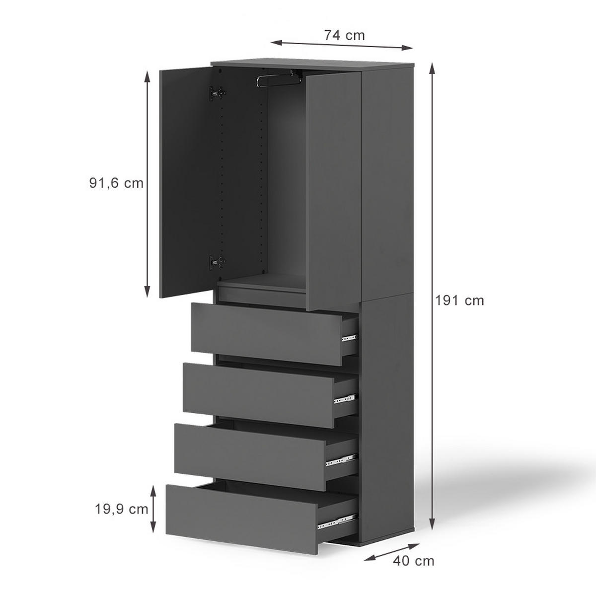 KLEIDERSCHRANK Claus Anthrazit 74 x 191.5 cm mit 4 Schubladen - Anthrazit, Holzwerkstoff (74/191.5/40cm) - Vicco