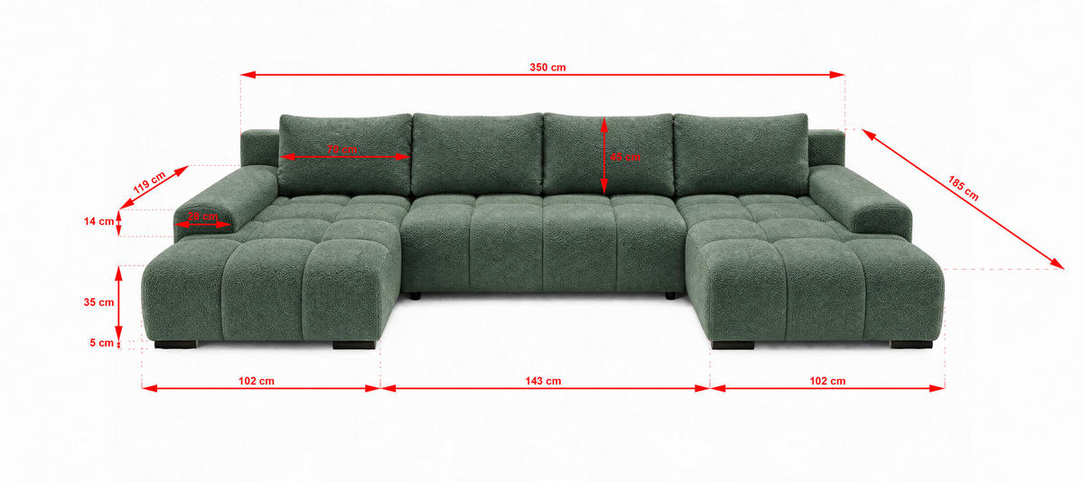 WOHNLANDSCHAFT OVIA U mit Bettkasten und Schlaffunktion, Bouclé-Stoff in U-Form - Grün, Textil (350/80/185cm)