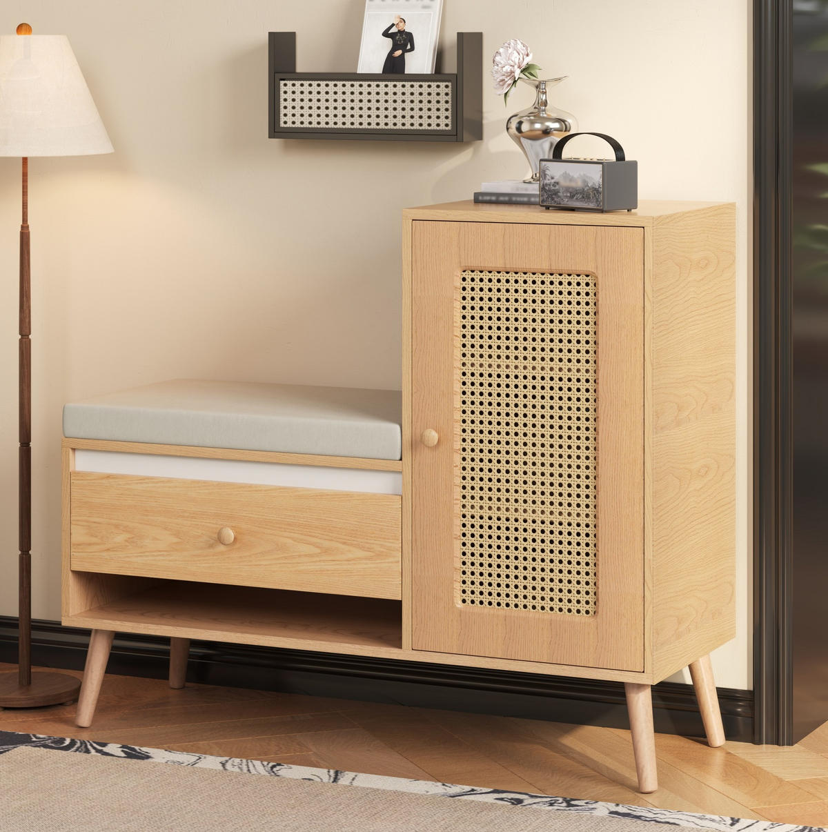 SCHUHBANK 95,5/35/80,5 cm mit Sitzkissen, Schubladen und Rattan-Optik - Eichefarben, Holzwerkstoff (95.5/80.5/35cm) - BEAOK