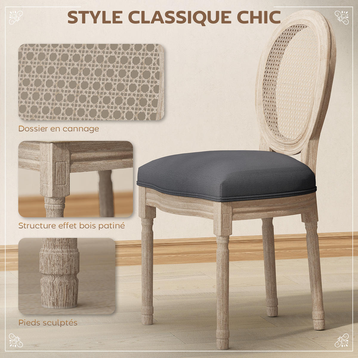 ESSZIMMERSTÜHLE 2er-Set DE-13204 Louis XVI Medaillon mit Korbgeflecht Grau - Grau, Holz (56/96/49cm) - ComfortXL