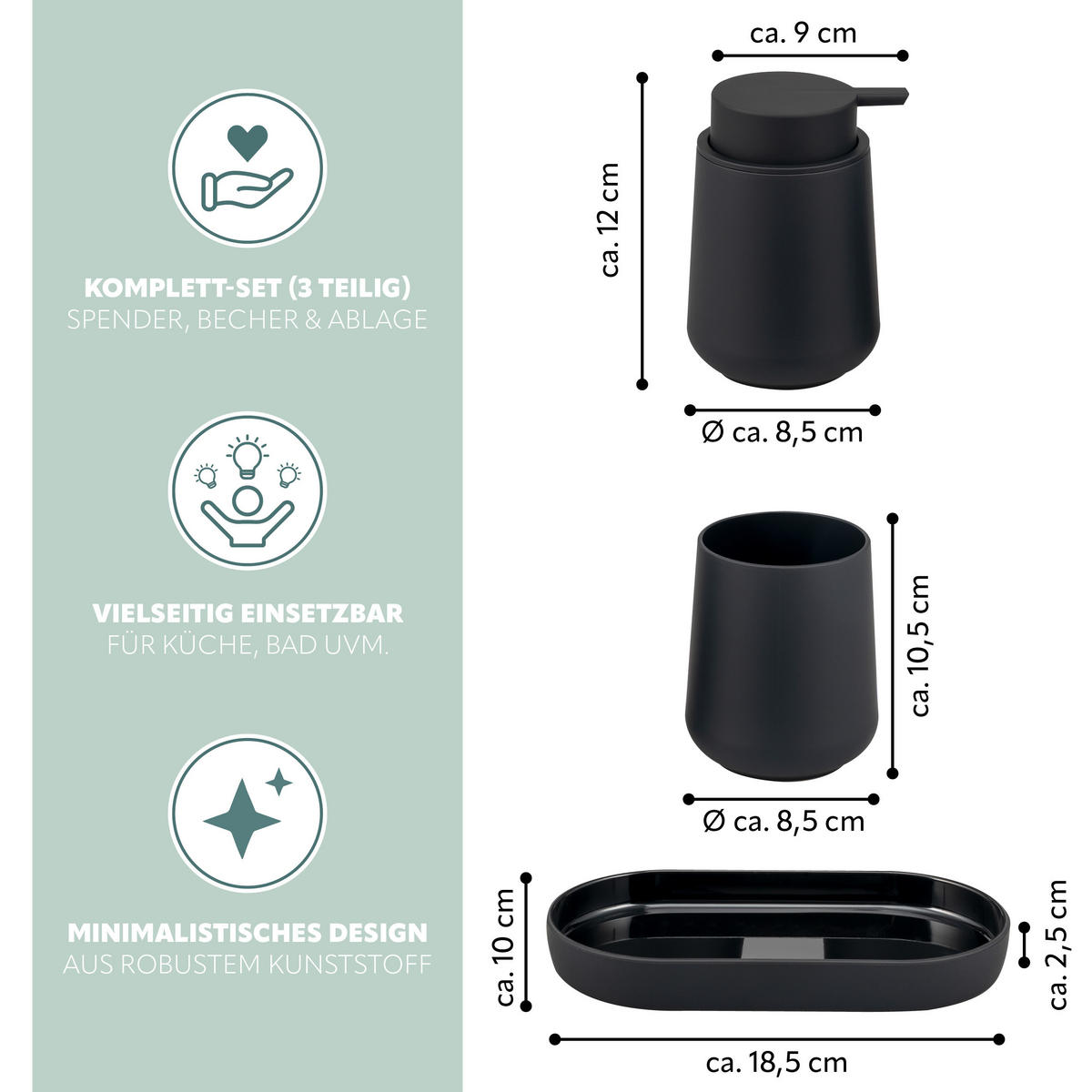 BAD-ACCESSOIRES-SET TESERO, Soft-Touch, schwarz - Schwarz, Kunststoff (18.5/13.5/10cm) - eluno