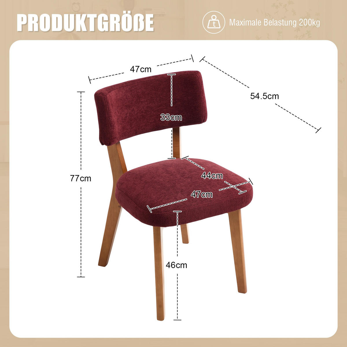 STÜHLE 2er-Set Esszimmerstuhl,Massivholz,Leinenstoff,Rotwein - Rot, Textil (47/77/54.5cm) - LVHOM