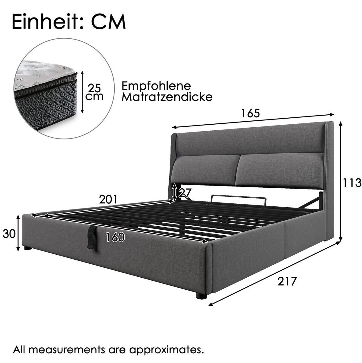 POLSTERBETT mit Stauraum und verstellbarer Kopfstütze 160x200 cm Leinen Grau - Grau, Metall (160/200cm) - Meubliv