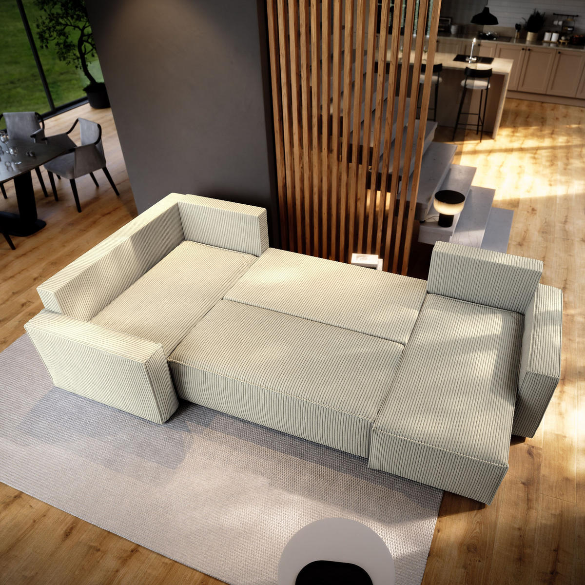 WOHNLANDSCHAFT NORENA L-S Creme Kordstoff mit Schlaffunktion - Creme, Holz (295/85/157.5cm) - MASSENO