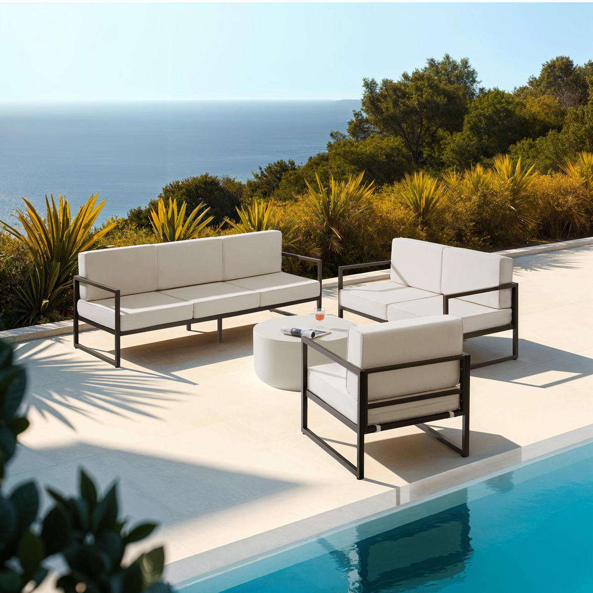 GARTEN-LOUNGESET Comosa,höhenverstellbare Füße,braun/beige - Beige/Braun, Kunststoff - tectake