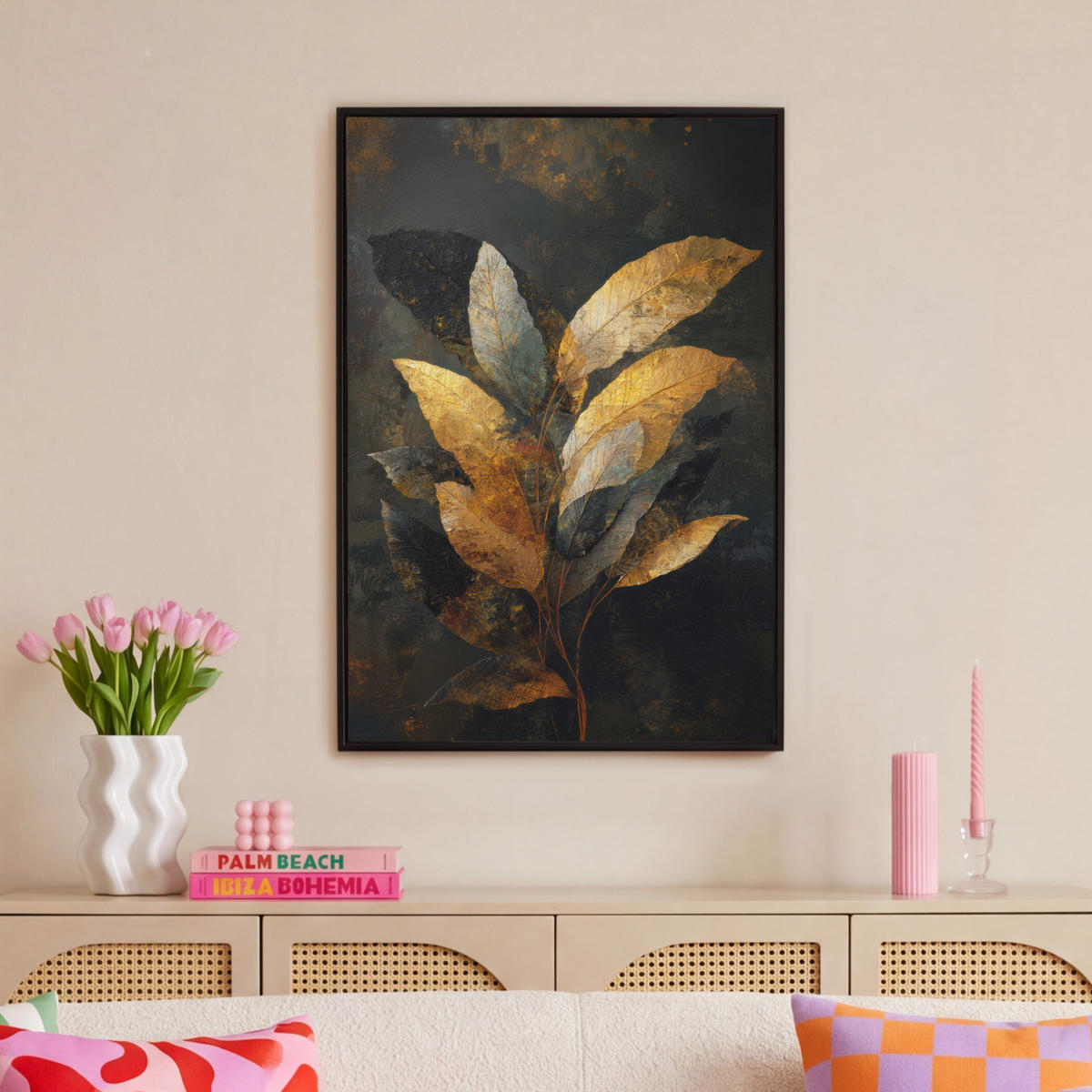 LEINWAND Bilder mit Rahmen - Golden Leaf Komposition - Botanical Luxury - 60x90 - Goldfarben, Textil (60/90cm) - MuchoWow