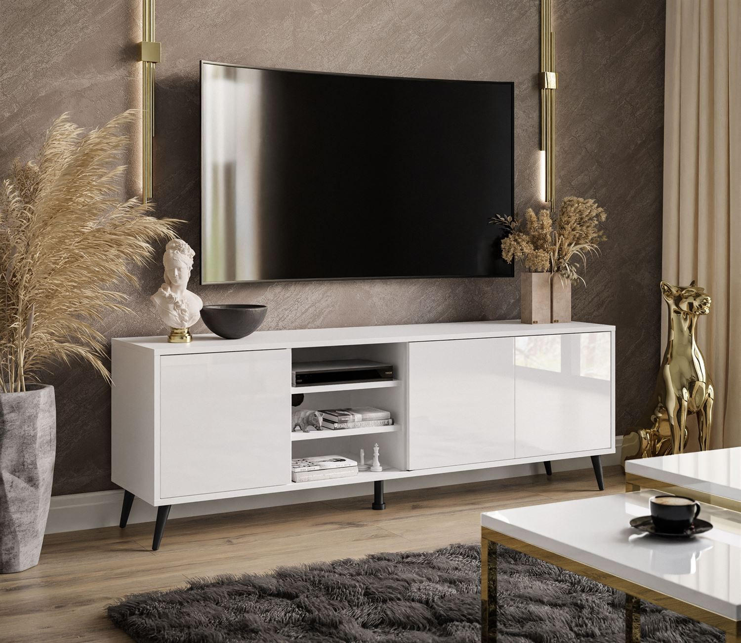 TV-ELEMENT SANAYI auf schwarzen Beinen mit Regalen Hochglanz Weiß - Weiß, Holzwerkstoff (156/54/38cm) - Lookway