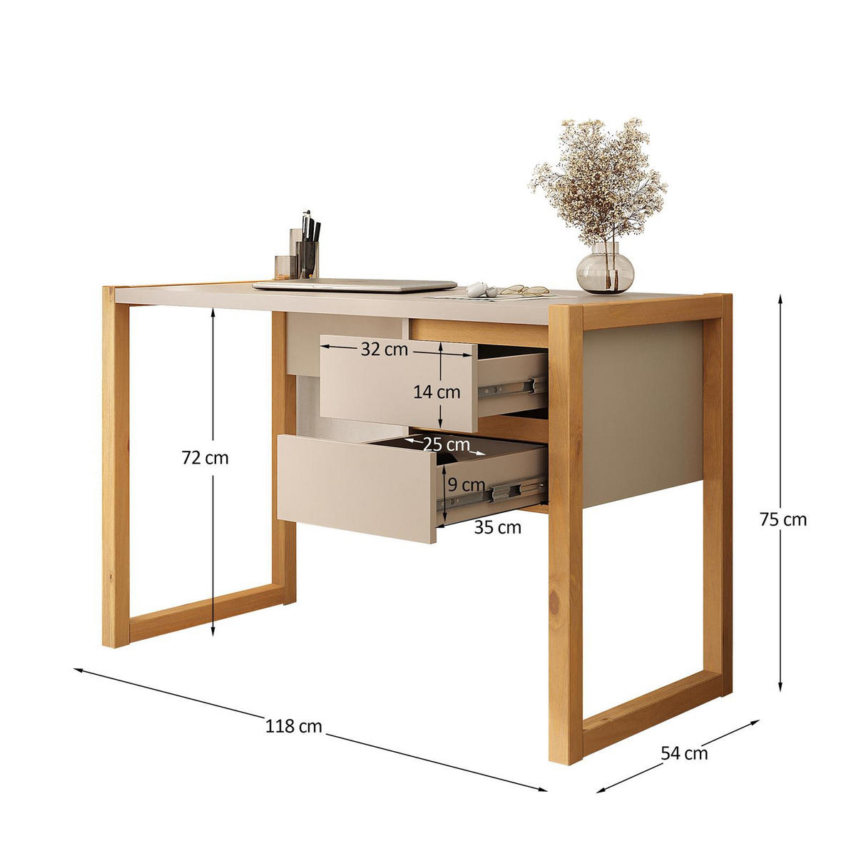 SCHREIBTISCH BELINDA Kaschmir/Eiche - Kaschmir/Eichefarben, Holz (54/118/75cm) - IDIMEX