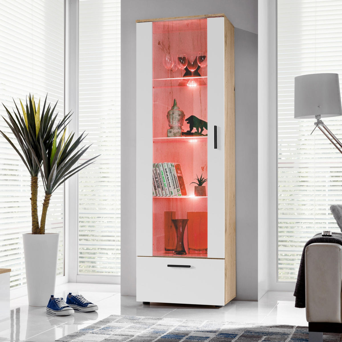 VITRINE ALESSANDRIA, Weiss, LED Mehrfarbige - Eiche Wotan/Schwarz, Glas/Holzwerkstoff (60/192/42cm) - Komodee