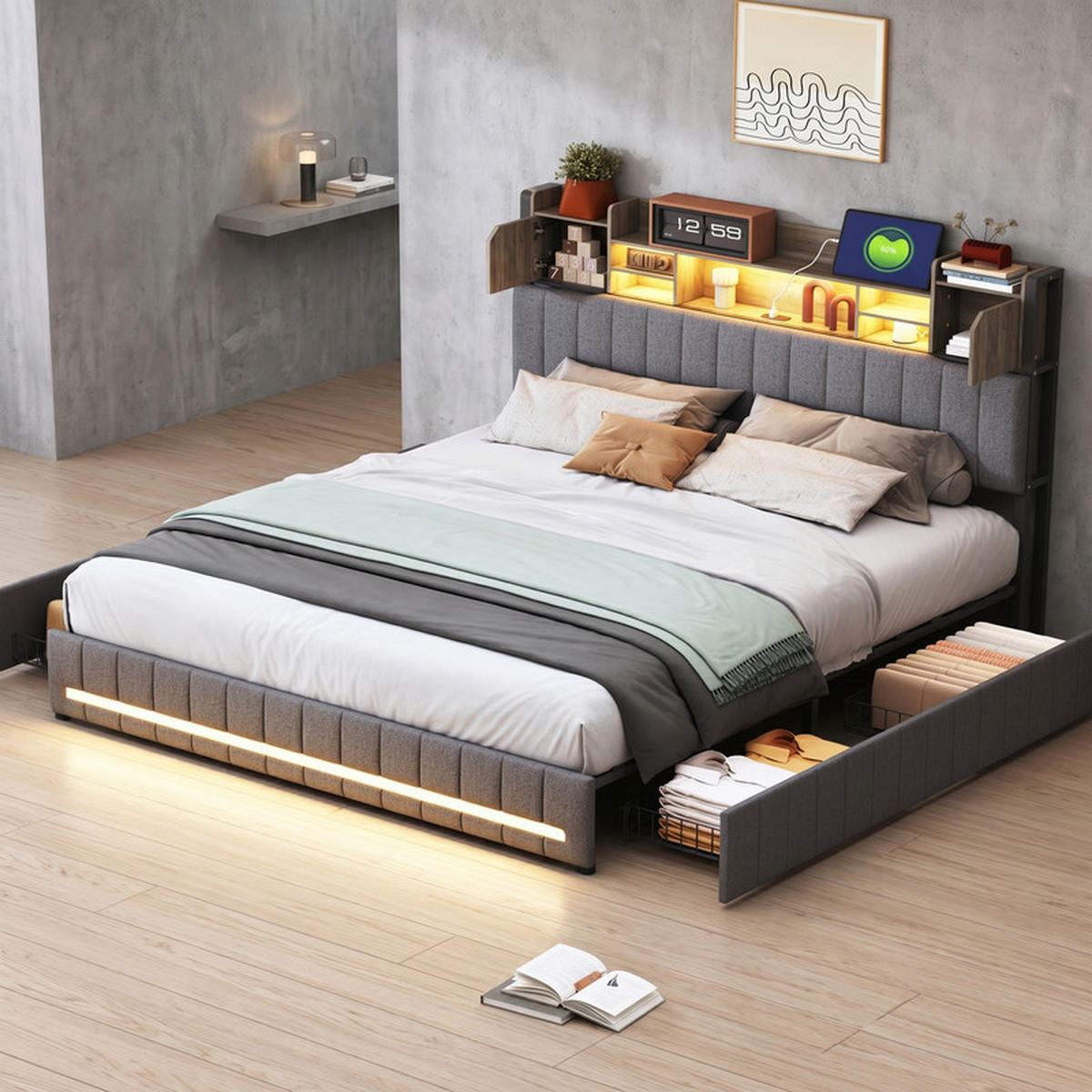 POLSTERBETT 140/190 cm grau mit Stauraum, Schubladen und LED - Grau, Holz