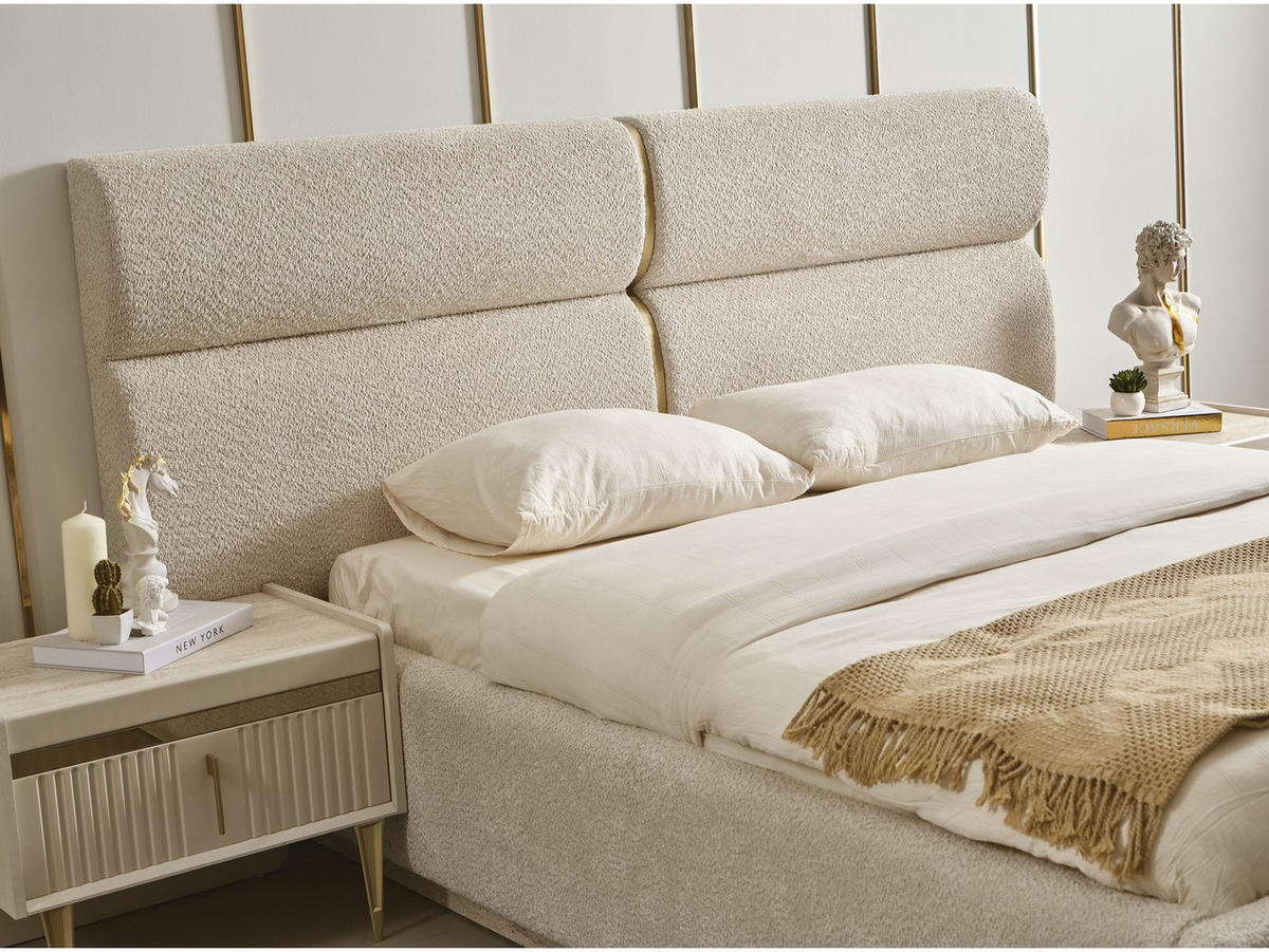 BETTANLAGE TESLA Schlafzimmer-Set, 5-teilig, Beige, Bett mit Kopfteil, 2 Nachttische, Kleiderschrank und Kommode - Beige, Holzwerkstoff (160/200cm)