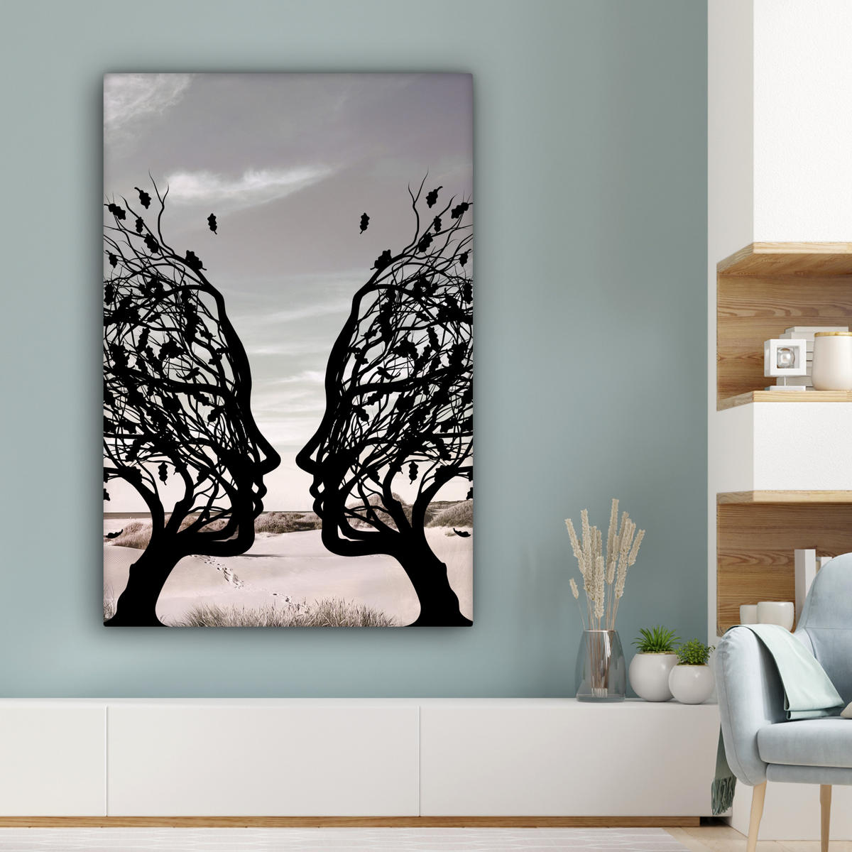LEINWANDBILD Strand - Meer - Menschen - Baum - Moderne Kunst 80x120 cm - Hellgrau, Textil (80/120cm) - MuchoWow