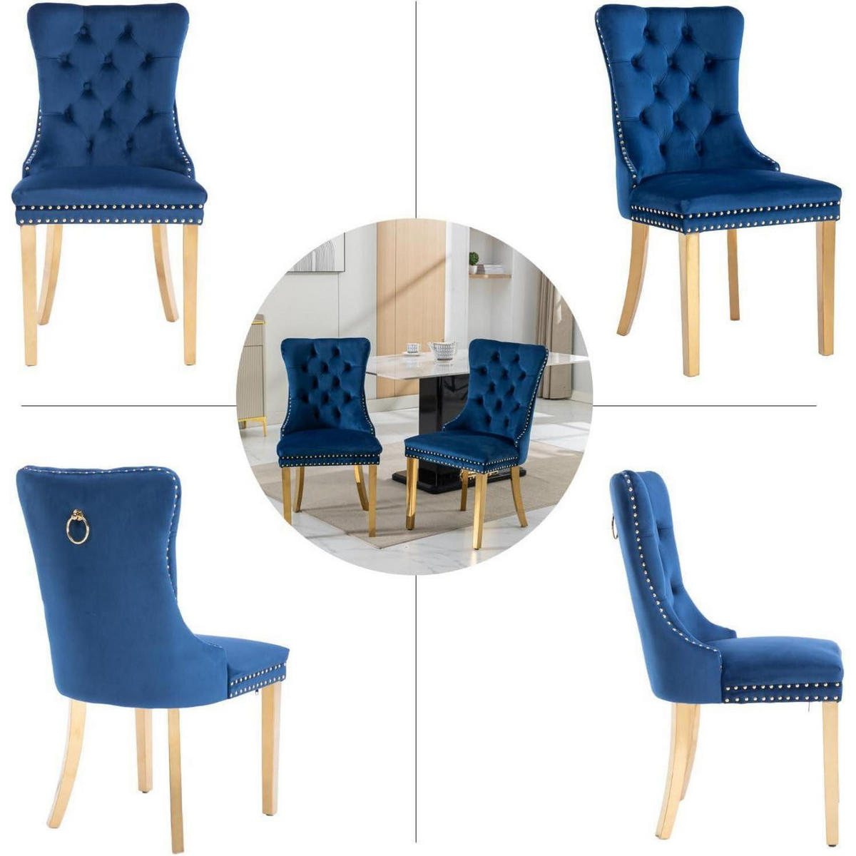 ESSZIMMERSTUHL 2er-Set Samt Blau mit goldenen Edelstahlbeinen - Blau, Textil (50/95.2/62cm)