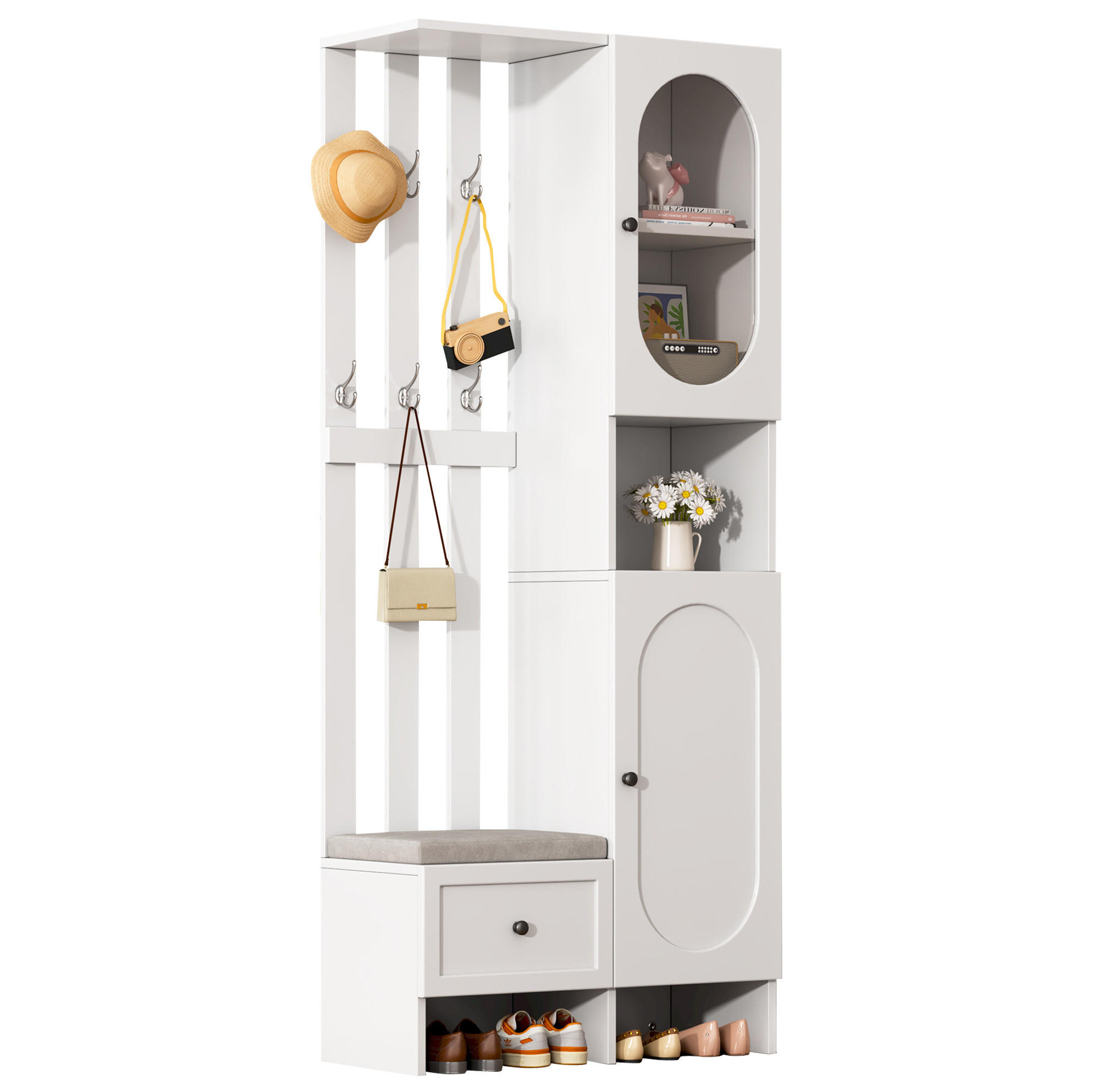 KOMPAKTGARDEROBE 85/33,5/200 cm aus Spanplatte mit gehärtetem Glas und Schuhbank Weiß - Weiß, Holzwerkstoff (33.5/200/85cm) - Modenvie