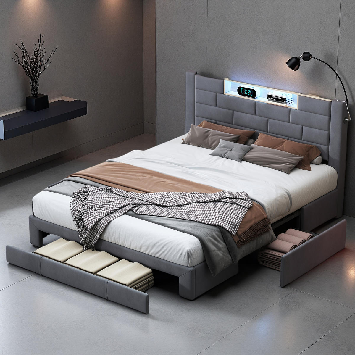 POLSTERBETT 140x200 cm Grau Samt LED USB 3 Schubladen - Grau, Metall (140/200cm) - SHOPENTRA