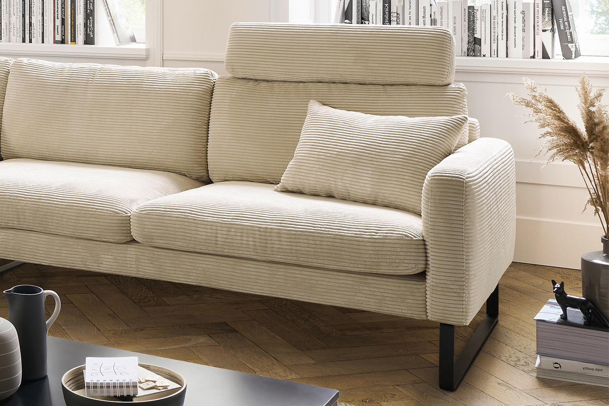 ECKSOFA RICARDA Cremeweiß Cord - Creme/Schwarz, Textil/Metall (298/154cm) - KAWOLA