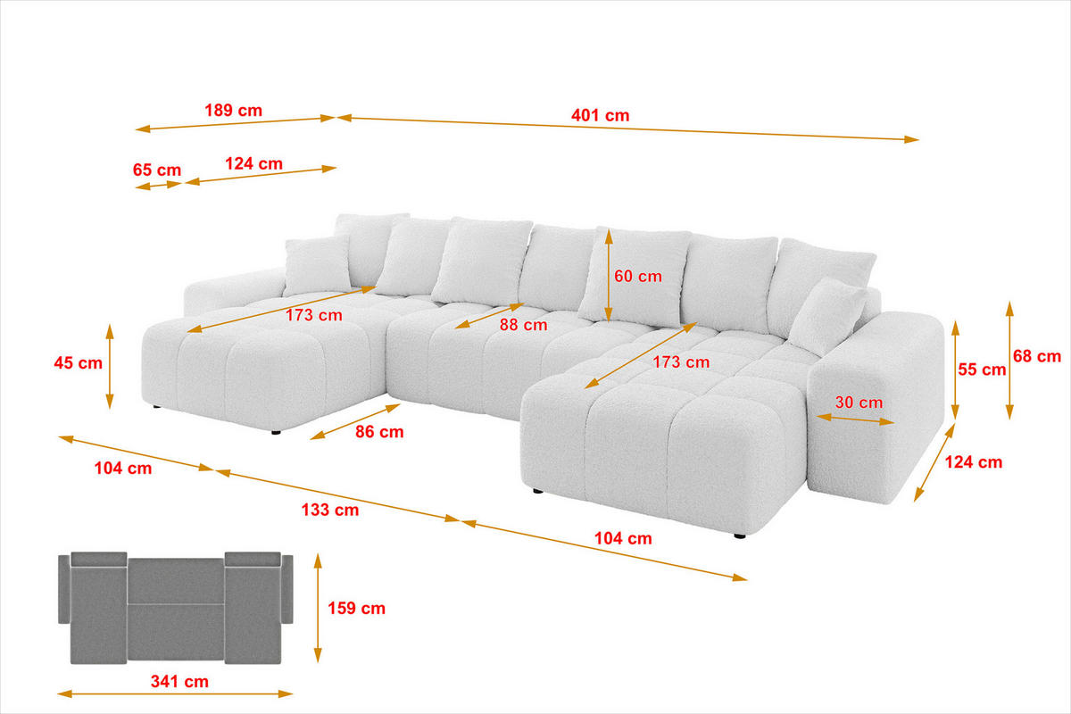 WOHNLANDSCHAFT ENIL-U 401x189x68 Weiß Bouclé - Weiß, Holzwerkstoff/Kunststoff (401/68/189cm) - ALTDECOR
