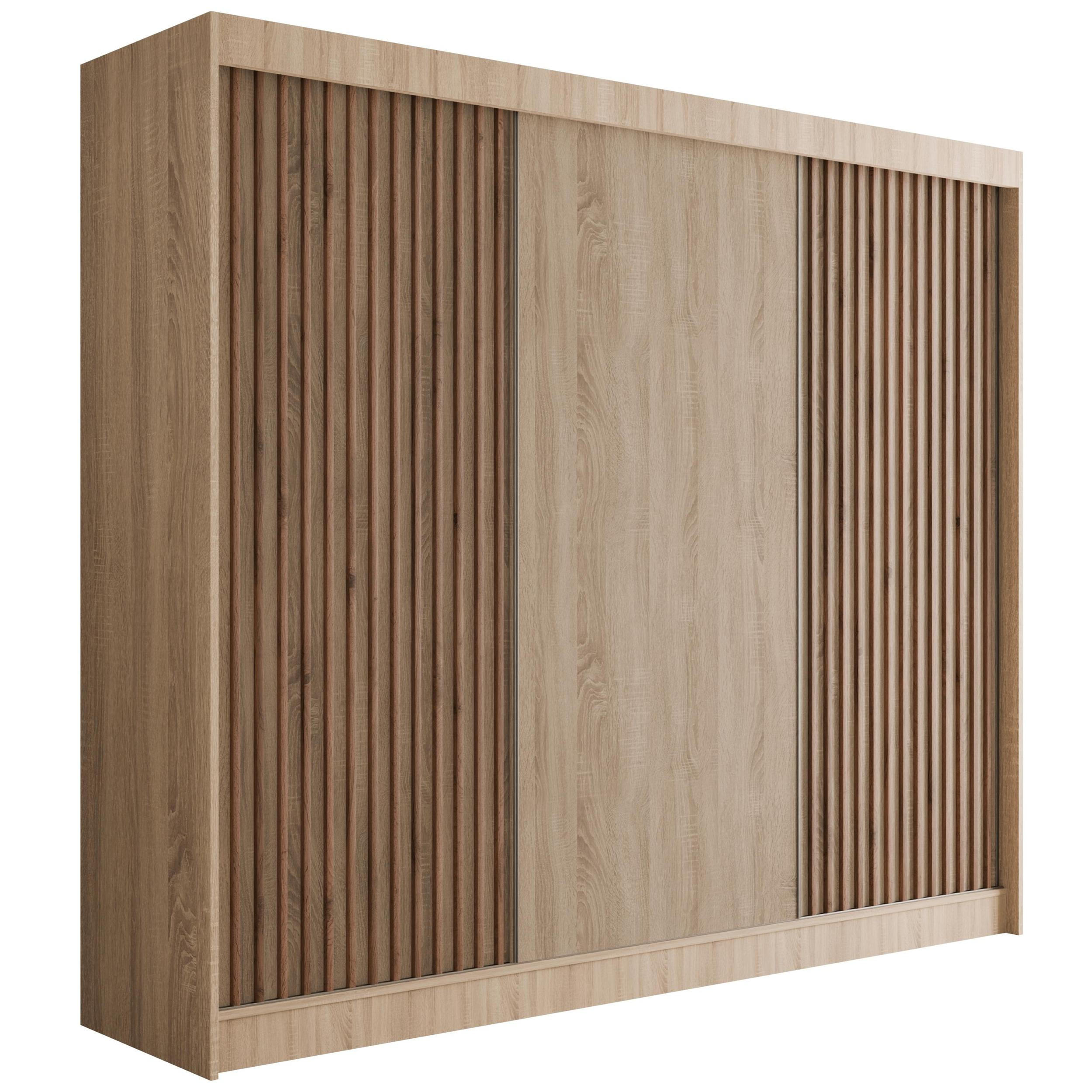 ALTDECOR ŠATNÍ SKŘÍŇ s lamelovými posuvnými dveřmi VILANv2 – 250 cm Sonoma dub + Sonoma dub + lamely z dubu wotan