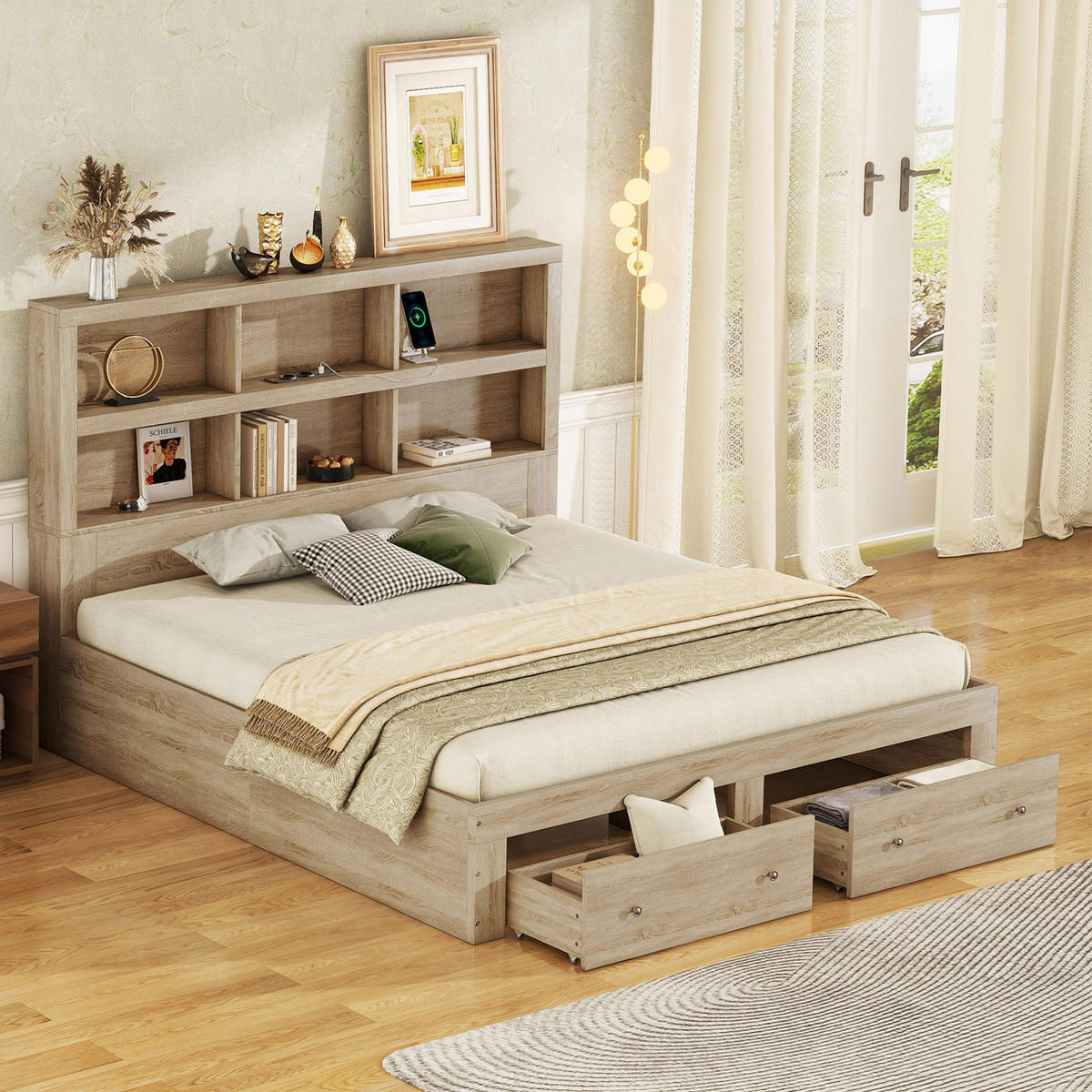 POLSTERBETT aus Spanplatte 160x200 cm in Natur mit USB & Stauraum - Naturfarben, Holzwerkstoff (160/200cm) - Modfu