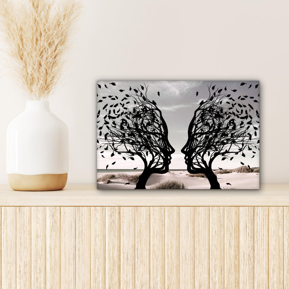 LEINWANDBILD Strand - Meer - Menschen - Baum - Moderne Kunst Deko Schlafzimmer 30x20 cm - Hellgrau, Textil (30/20cm) - MuchoWow