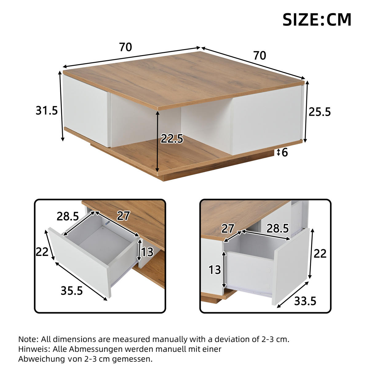 COUCHTISCH 70/70/31.5 cm Weiß/Walnuss aus Spanplatte mit 3 Schubladen - Weiß, Holzwerkstoff (70/70/31.5cm) - OKMYHOME