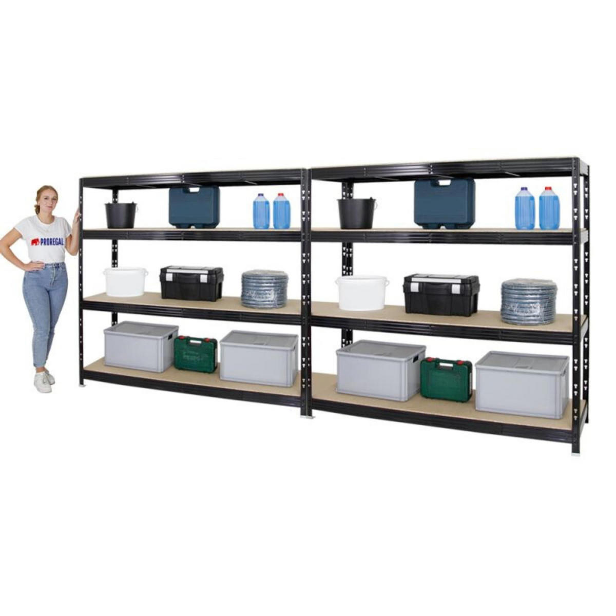 SCHWERLASTREGAL Rhino 2er-Set mit 2x 180x200x60 cm 4 Spanplatten-Ebenen 16mm Fachlast 500 kg Schwarz - Schwarz, Metall (400/180/60cm) - PROREGAL