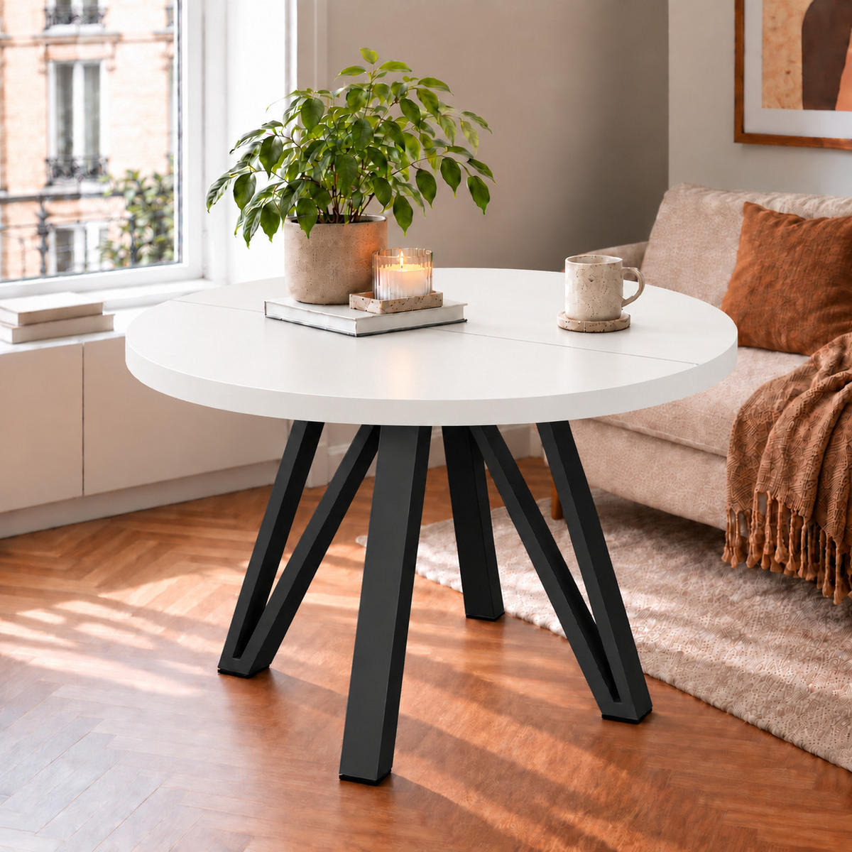 ESSTISCH rund ausziehbar 110/210/76 cm, Weiß, 54 cm Tischplatte + Industrial Metallgestell Schwarz - Schwarz/Weiß, Holzwerkstoff/Metall (110/210/76cm) - Damale Möbel