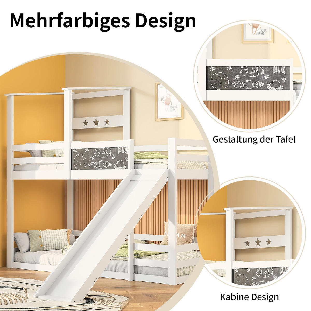 ETAGENBETT 90x200 cm Kinderbett mit Tafel, Rutsche & Stauraum - Weiß, Holz