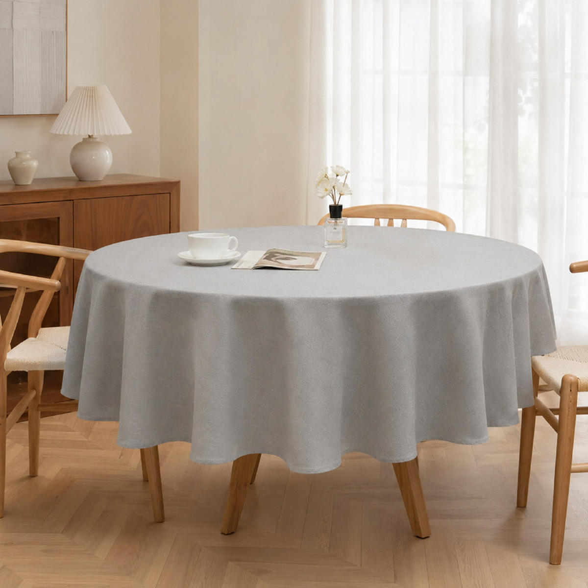 TISCHDECKE rund Ø140cm Hellgrau Leinenoptik Wasserabweisend Waschbar - Grau, Textil (140/140cm) - SHOPENTRA