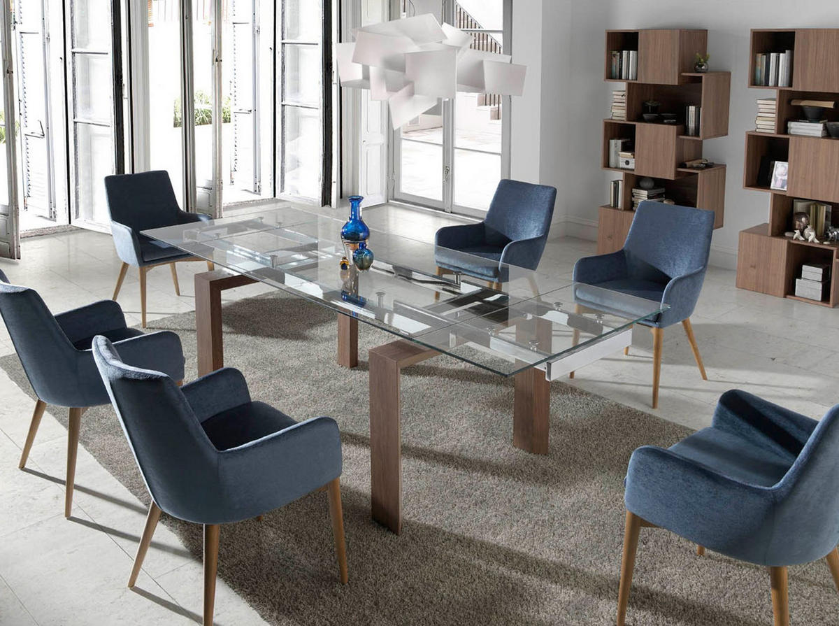 ESSTISCH Ausziehbarer Esstisch Rechteckig gehärtetes Glas aus Walnuss 160/90/75 cm - Edelstahlfarben/Transparent, Holz (90/160/75cm) - ANGEL CERDA