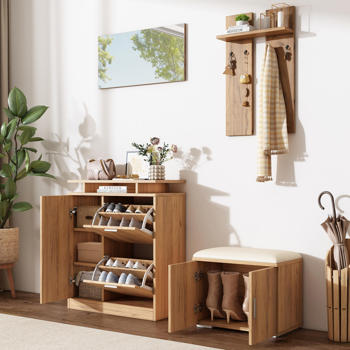 FLUR-GARDEROBEN-SET 140/35/133 cm aus Spanplatte mit Spiegel und gepolsterter Schuhbank Natur - Naturfarben, Holzwerkstoff (140/133/35cm) - Modenvie