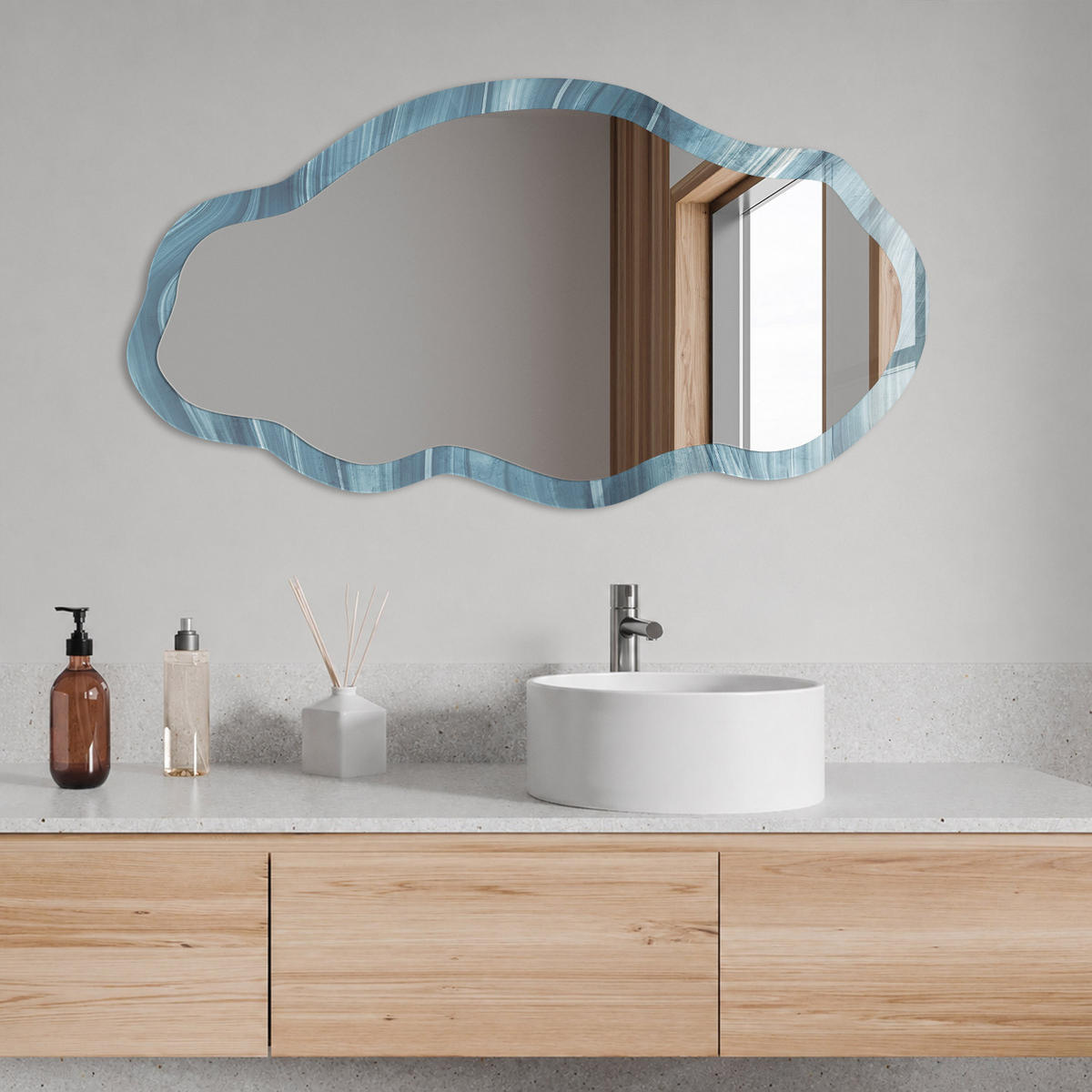 SPIEGEL 90x45 cm asymmetrisch mit Druck - Blaue Abstraktion - Transparent, Glas (45/90/0.4cm) - TULUP