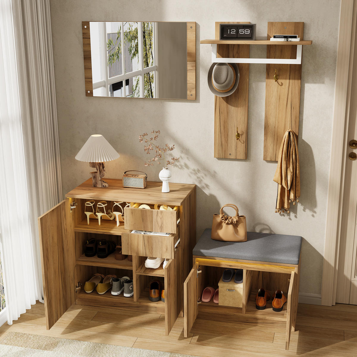 GARDEROBE 130x35x124.5cm mit Spiegel, LED und Schuhbank - Naturfarben, Holzwerkstoff (130/124.5/35cm) - FLIEKS