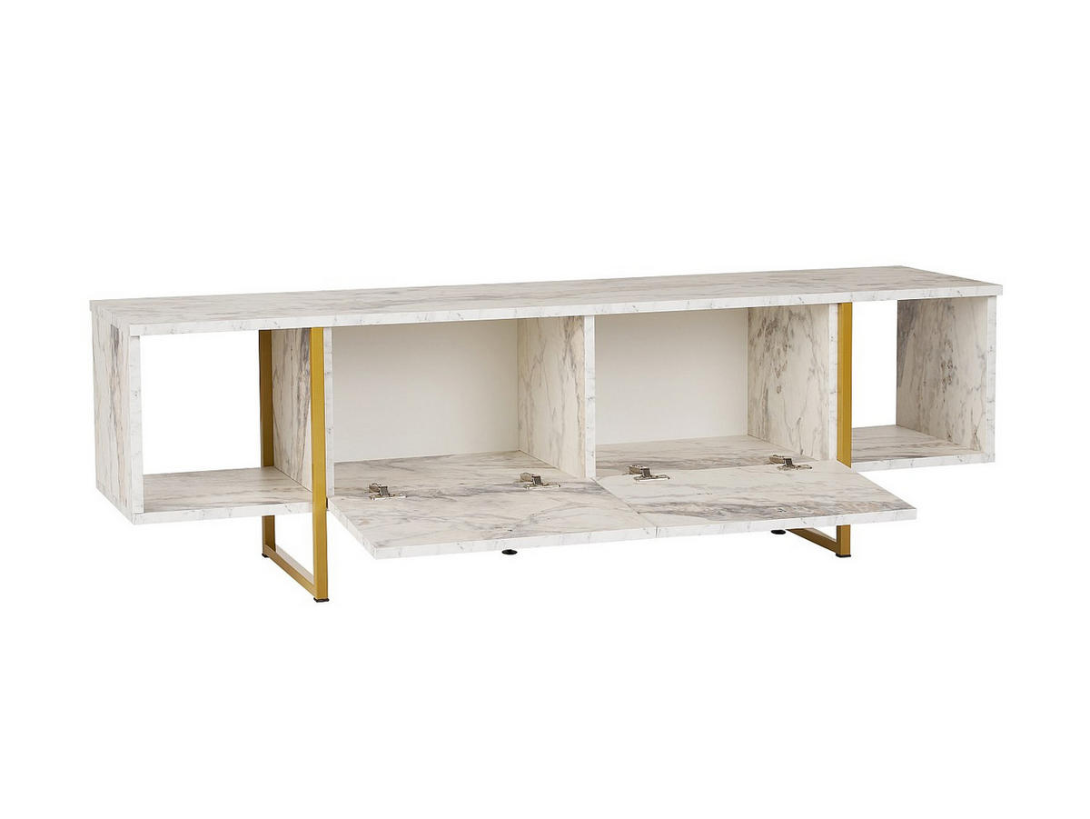 TV-MÖBEL mit 2 Türen & 2 Regalen - Marmor-Optik Weiß & Goldfarben - DERANA - Weiß, Holz (160/47.6/40cm) - Vente-Unique