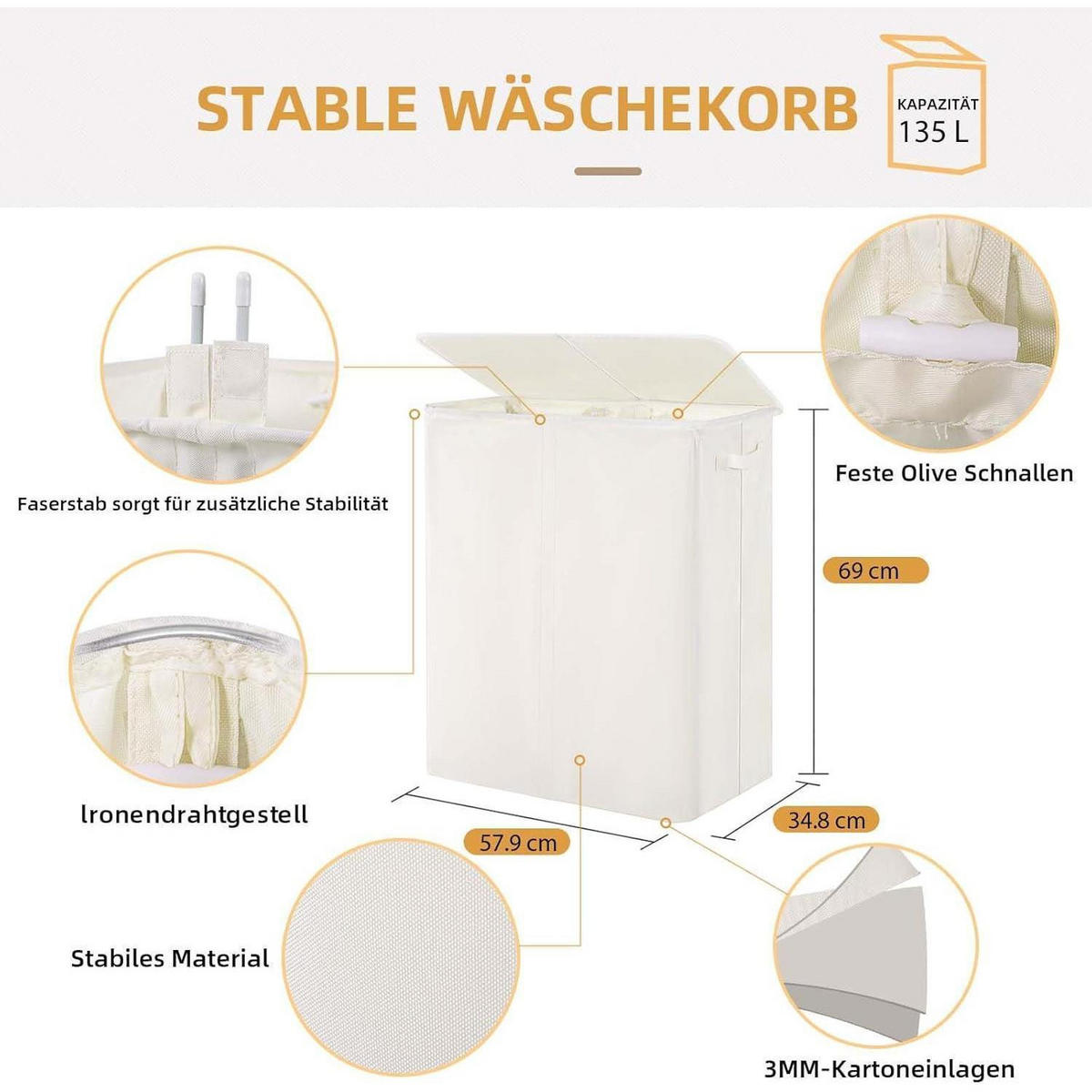 WÄSCHEKORB mit Deckel 135L 2 Fächer Beige - Weiß, Textil (35/69/58cm)