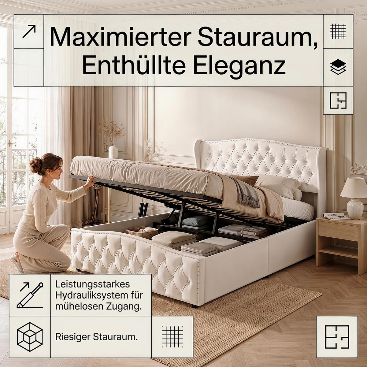 POLSTERBETT 160x200 cm mit Bettkasten, Doppelbett mit Kopfteil, Lattenrost und Stauraum, Samt Beige - Beige, Holz/Textil (160/200cm) - GENKI LIVING