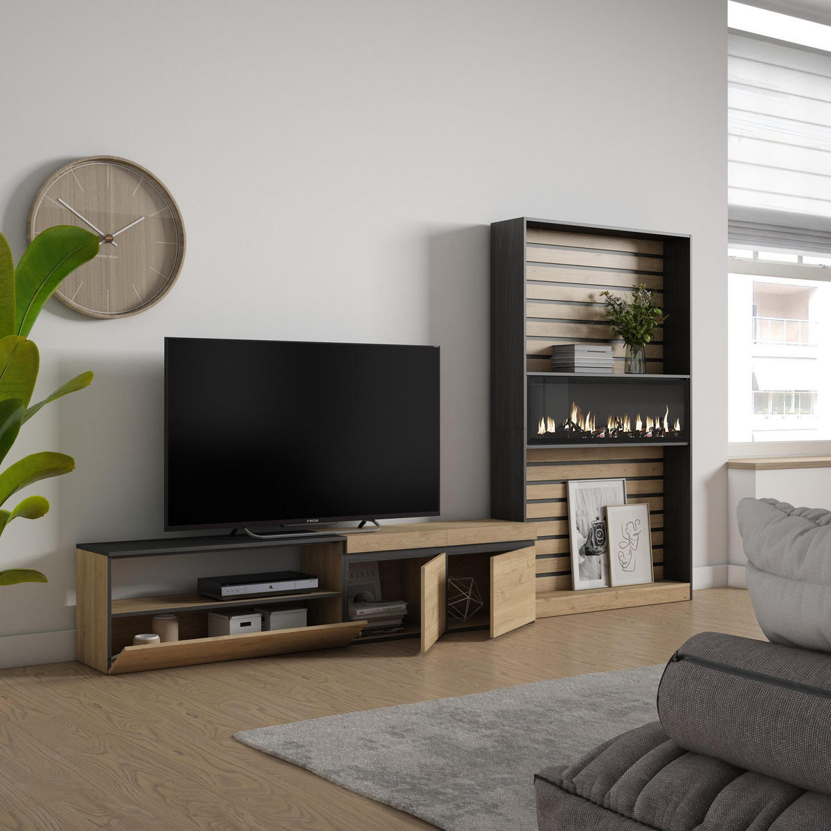 WOHNWAND Wohnzimmer, eiche, schwarz, Elektrokamin,, 310/35/186cm - Eichefarben/Beige, Holzwerkstoff (310/186/35cm) - Skraut Home