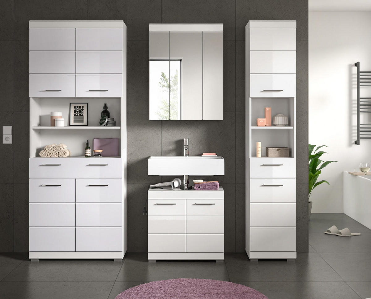 BADMÖBEL-SET weiß Hochglanz 4-teilig 200 cm, Komplettset mit viel Stauraum - Weiß Hochglanz, Glas/Holzwerkstoff (200/191/34cm) - Inn.Furn