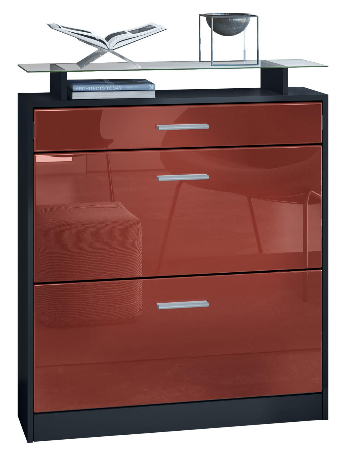 SCHUHSCHRANK Loret Front in Bordeaux Hochglanz - Bordeaux, Holzwerkstoff (89/104/23cm) - Vladon