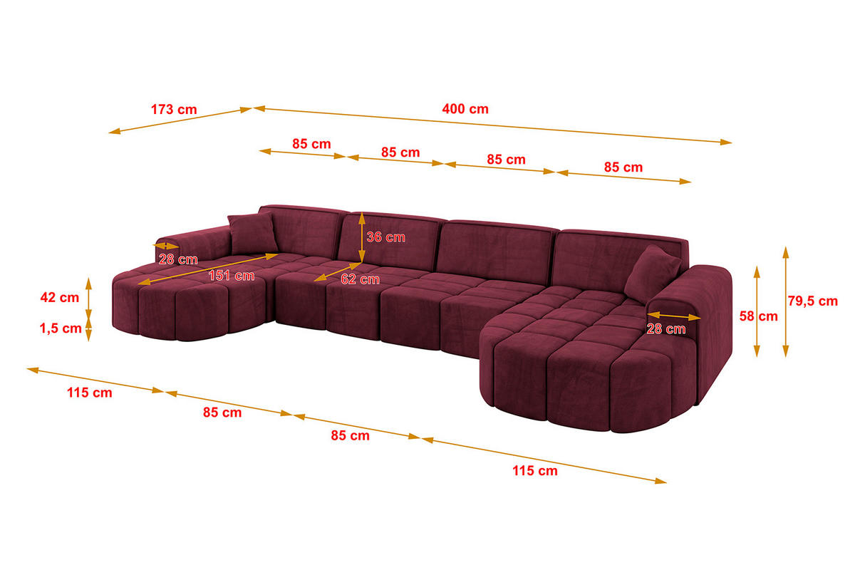 WOHNLANDSCHAFT LIVO-U2 - 400x173x79,5 cm Bordeauxrot - Bordeaux, Holzwerkstoff/Textil (400/79/173cm) - ALTDECOR