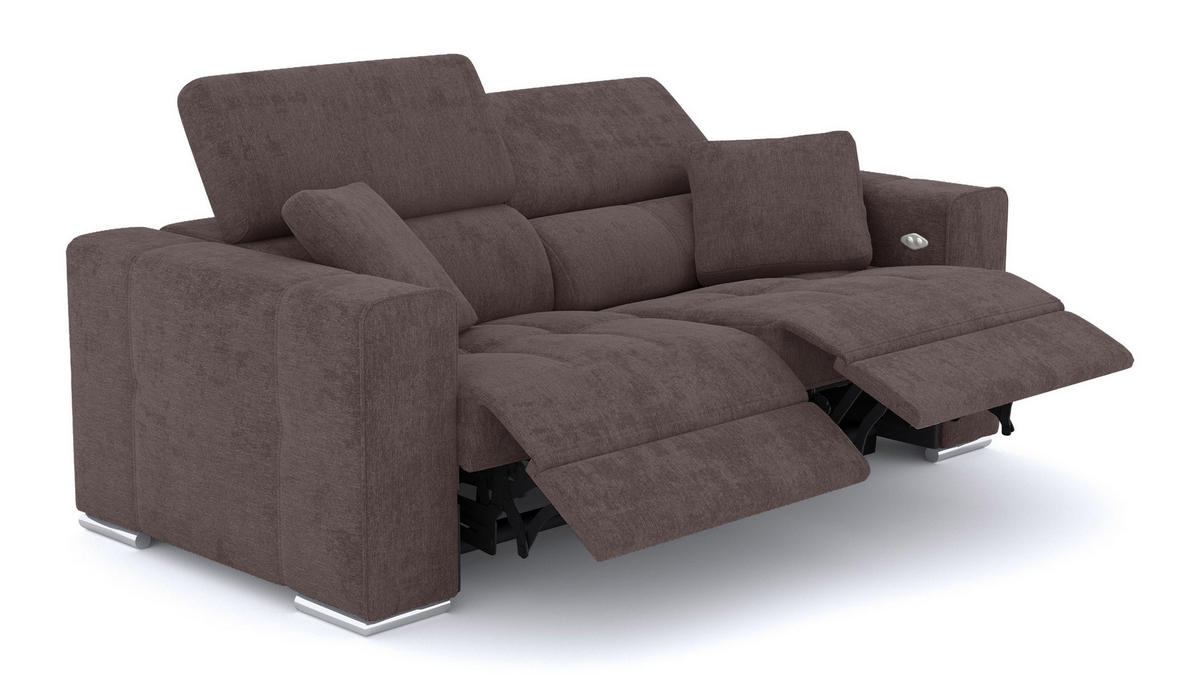 SOFA QUARTZ 3-Sitzer mit 2 Relaxfunktionen, dunkelbraun - Dunkelbraun/Silberfarben, Holzwerkstoff/Textil (204/80/102cm) - Courtois Laville