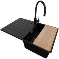 GRANITSPÜLE Kopenhagen, 2-er set Schwarz 78/50 cm 1 Becken + Küchenarmatur 40/38 cm + Ablauf-Set + Schneidebrett ab 45er Unterschrank - Chromfarben/Beige, Kunststoff (78/20/50cm) - Primagran