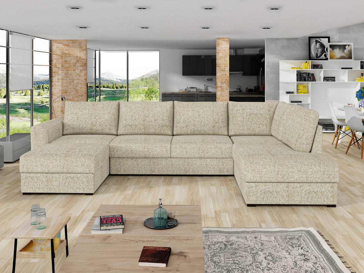 WOHNLANDSCHAFT Wilma Premium, Seite: Rechts - Sandfarben/Schwarz, Holz/Textil (305/85/188cm) - MIRJAN24