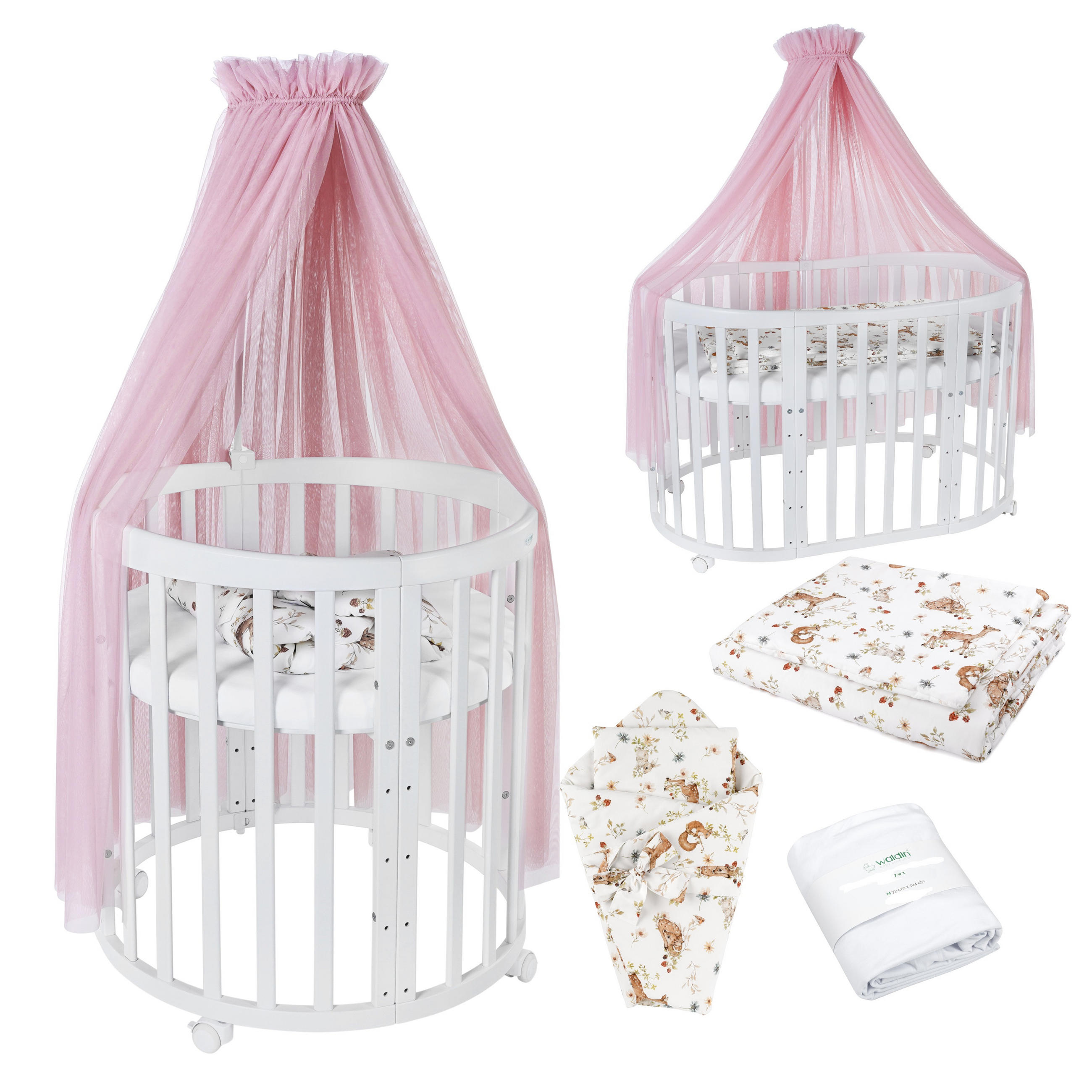 BABYBETT WHITE OVAL 7in1 mit Matratze und Himmelset - Naturfarben/Rosa, Holz/Textil