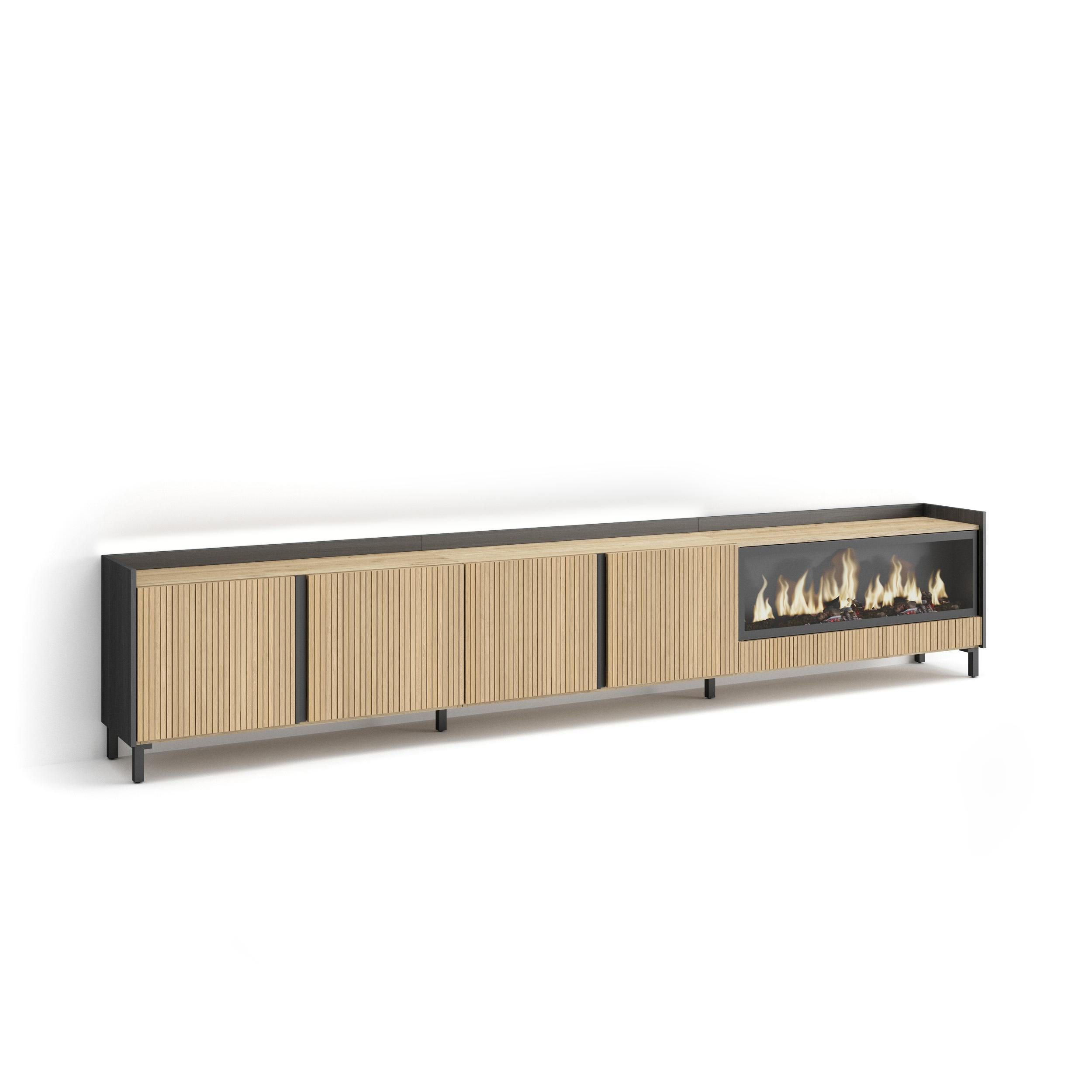 LOWBOARD, Eiche und Schwarz, 315/35/61cm, Elektrokamin XXL, Industriedesign, Led - Eichefarben, Holzwerkstoff (315/61/35cm) - Skraut Home