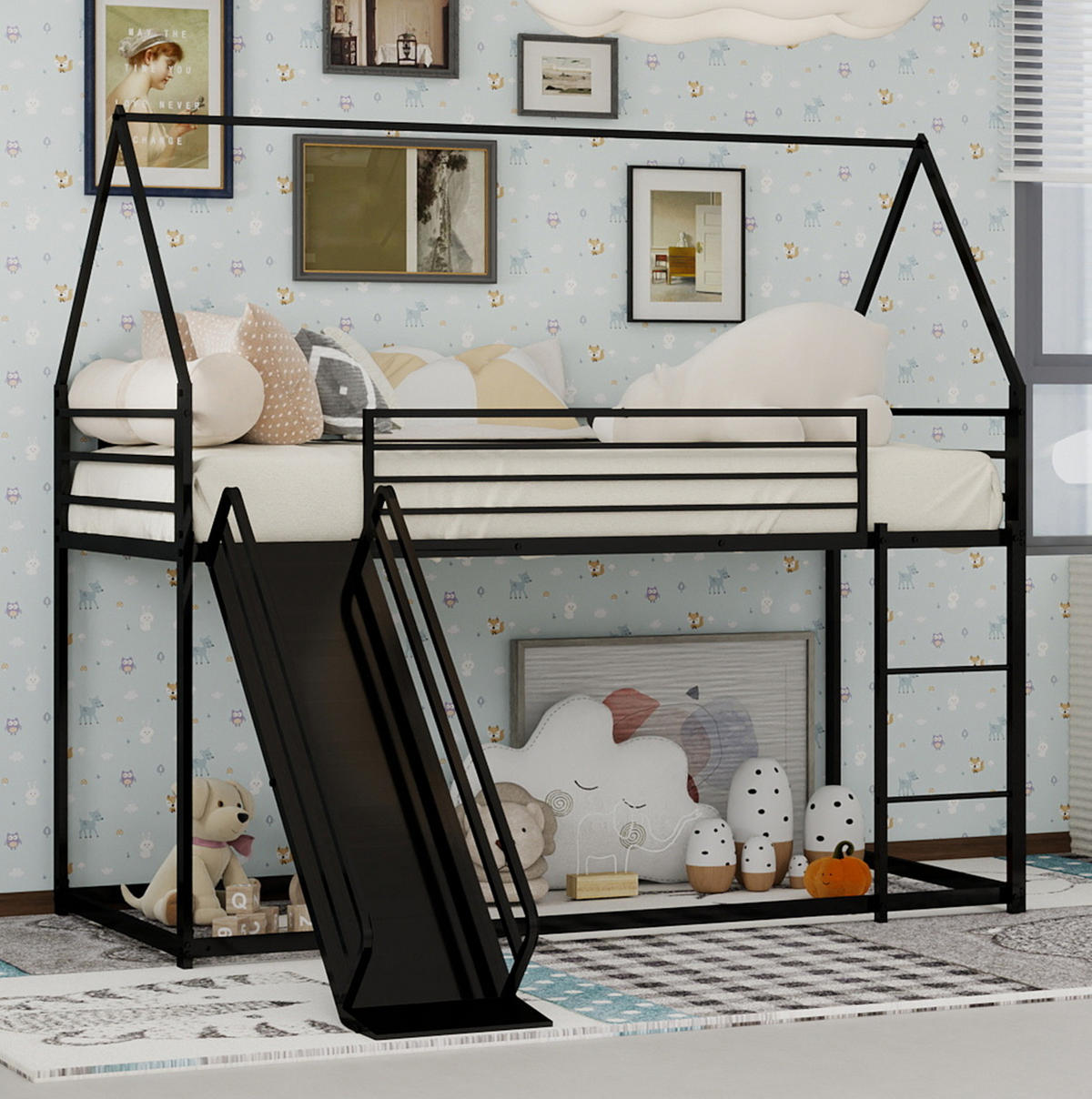 ETAGENBETT mit Rutsche und Spielhausdesign Eisen Schwarz - Schwarz, Holzwerkstoff (90/190cm) - Beauniv
