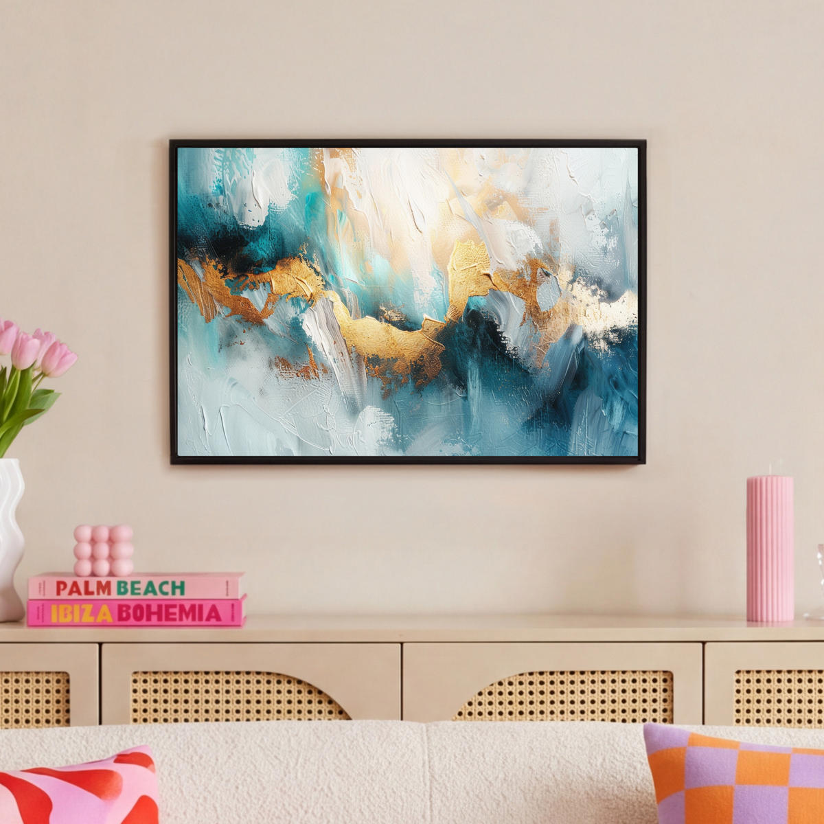 LEINWAND Bilder mit Rahmen - Abstrakt - Kunst - Gold - Blau - 60x40 - Petrol, Textil (60/40cm) - MuchoWow